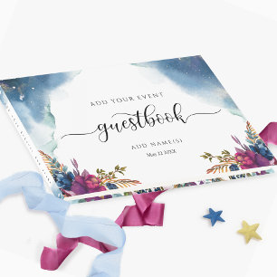 Floral Celestial, Starry Blue Teal and Purple Guest Book