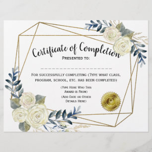 Floral Certificate of Completion, Customise 8.5x11