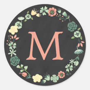 FLORAL CHALKBOARD MONOGRAM CLASSIC ROUND STICKER