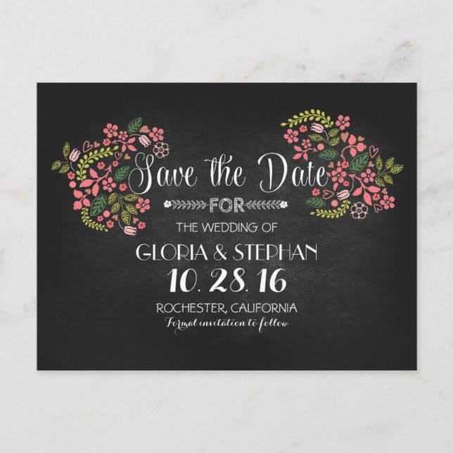 Floral chalkboard save the date postcards (Front)