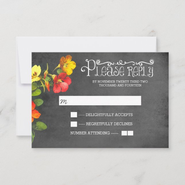 floral chalkboard wedding RSVP card (Front)