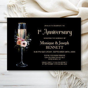 Floral Champagne Glass 1st Wedding Anniversary Invitation