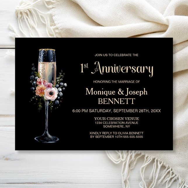 Floral Champagne Glass 1st Wedding Anniversary Invitation (Creator Uploaded)