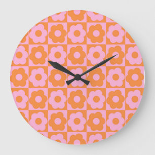 Floral Checker Pink Orange Large Clock