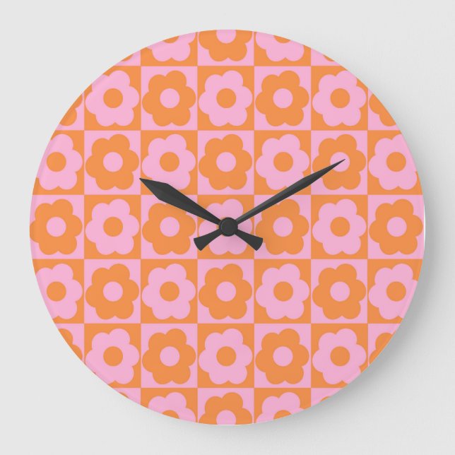 Floral Checker Pink Orange Large Clock (Front)