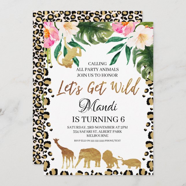 Floral Cheetah Print Lets Get Wild  Birthday Invitation (Front/Back)