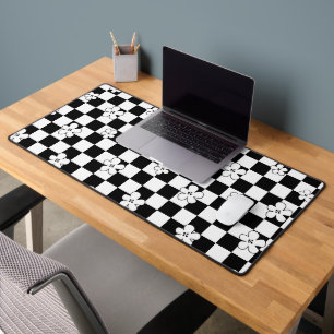 Floral chequered black and white pattern desk mat