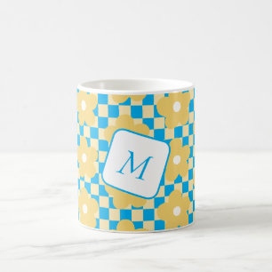Floral Chequered Yellow and Blue Design Coffee Mug