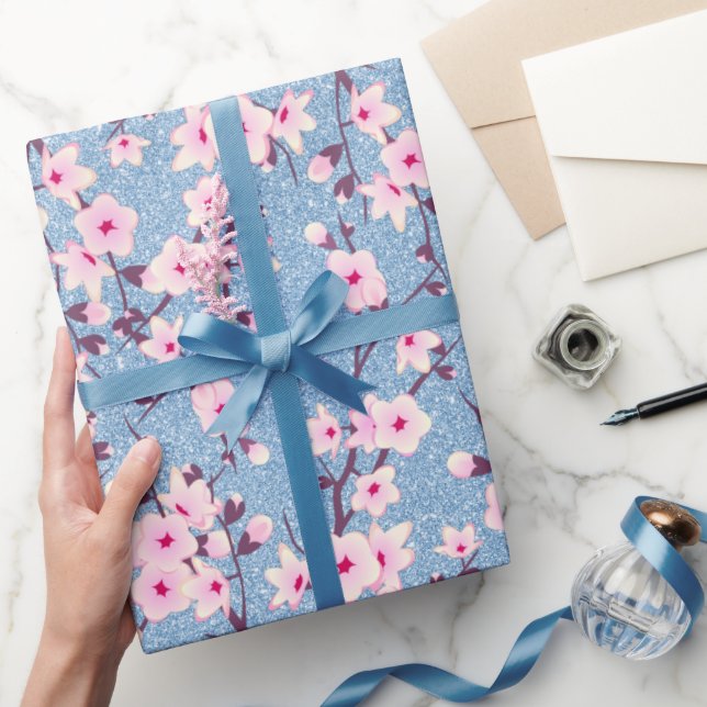 Floral Cherry Blossom Blue Glitter Wrapping Paper (Gifting)