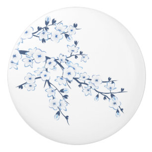 Floral Cherry Blossom Blue White Ceramic Knob
