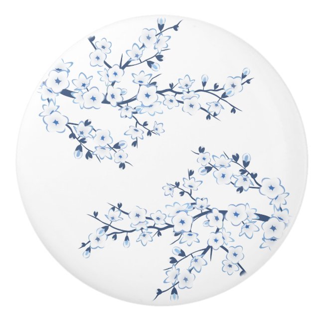 Floral Cherry Blossom Blue White Ceramic Knob (Front)