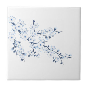 Floral Cherry Blossom Blue White Ceramic Tile