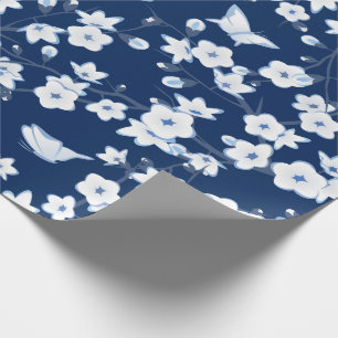 Floral Cherry Blossom Butterflies Navy Blue White Wrapping Paper
