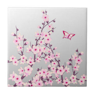 Floral Cherry Blossom Butterfly Pink Grey Tile