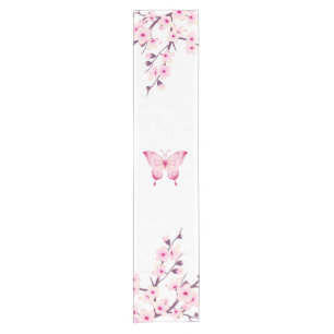 Floral Cherry Blossom Butterfly Pink White Floral  Short Table Runner