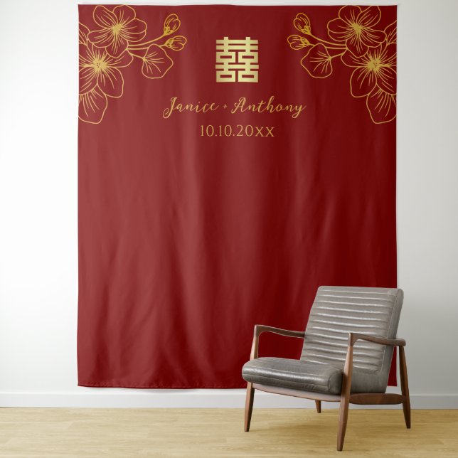 Floral cherry blossom Chinese wedding backdrop Tapestry (In Situ)