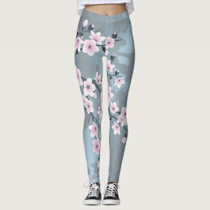 Floral Cherry Blossom Dusty Pink Blue Leggings