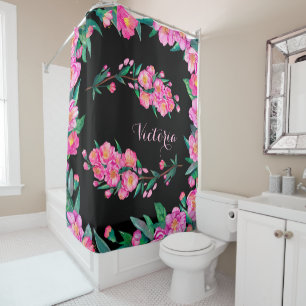 Floral Cherry Blossom Flowers Branch Pink Monogram Shower Curtain