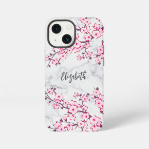 Floral Cherry Blossom Light Gray Marble Monogram iPhone 13 Mini Case