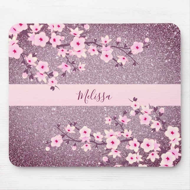 Floral Cherry Blossom Mauve Bling Monogram Mouse Pad (Front)