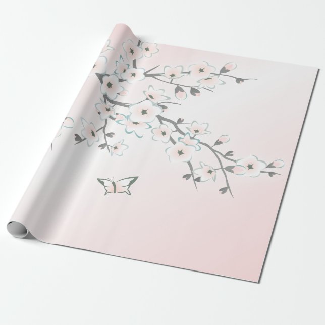 Floral Cherry Blossom Mint Blush Wrapping Paper (Unrolled)