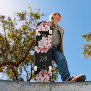 Floral Cherry Blossom Monogram Black Pink  Skateboard