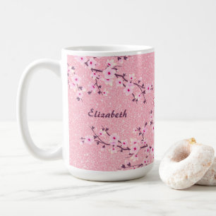 Floral Cherry Blossom Monogram Pink Glitter Coffee Coffee Mug