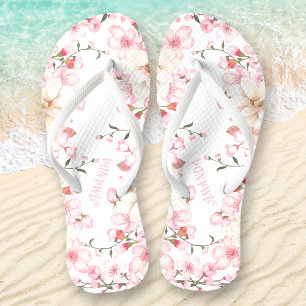 Floral Cherry Blossom Name Pink White Thongs