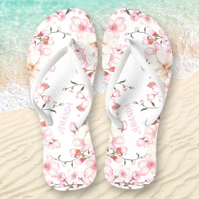 Floral Cherry Blossom Name Pink White Thongs (Floral Cherry Blossom Name Pink Flip Flops)