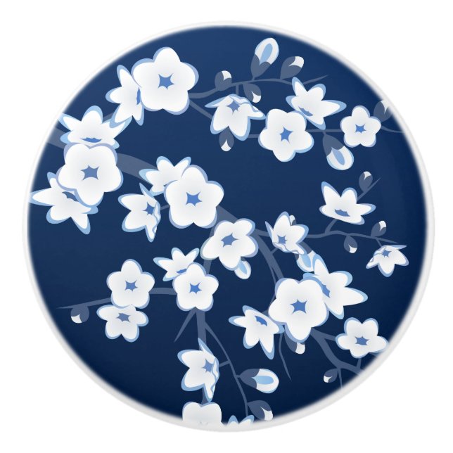 Floral Cherry Blossom Navy Blue White Ceramic Knob (Front)