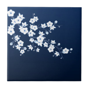Floral Cherry Blossom Navy Blue White Ceramic Tile