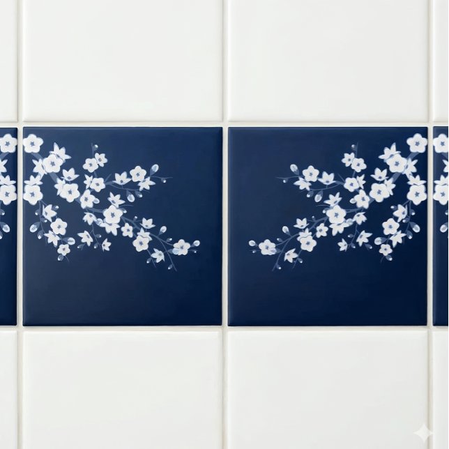Floral Cherry Blossom Navy Blue White Ceramic Tile (Creator Uploaded)