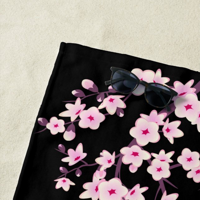 Floral Cherry Blossom Pink Black Beach Towel (In Situ)