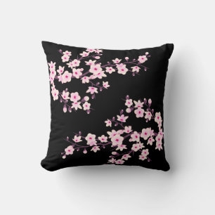 Floral Cherry Blossom Pink Black Cushion