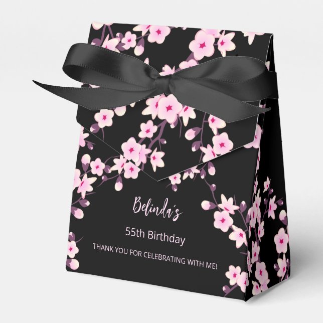 Floral Cherry Blossom Pink Black Custom Birthday Favour Box (Front Side)
