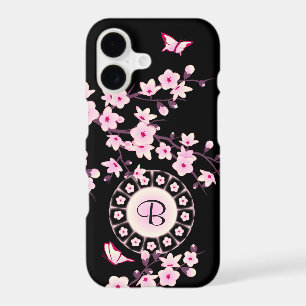 Floral Cherry Blossom Pink Black Monogram