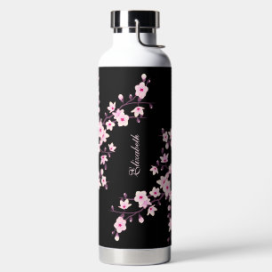 Floral Cherry Blossom   Pink Black Monogram Water Bottle