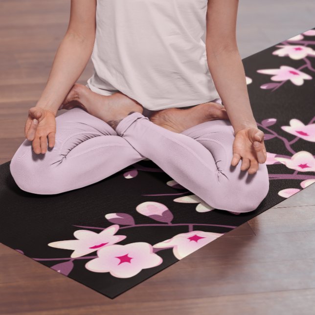 Floral Cherry Blossom Pink Black Yoga Mat (Creator Uploaded)