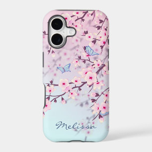 Floral Cherry Blossom Pink Blue Monogram