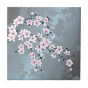 Floral Cherry Blossom Pink Dusty Blue  Ceramic Tile