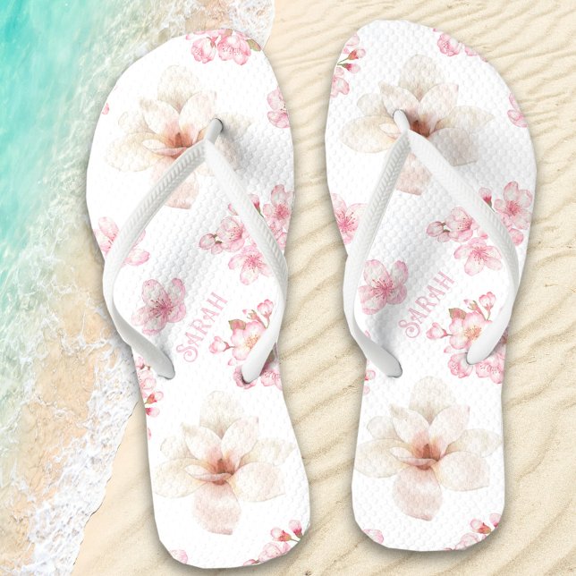 Floral Cherry Blossom Pink Flip Name Flops Thongs (Floral Cherry Blossom Pink Flip Name Flops Flip Flops)