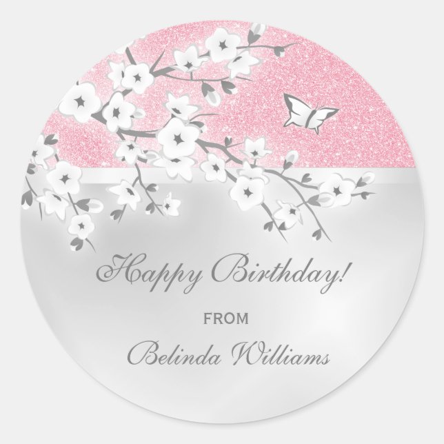 Floral Cherry Blossom Pink Glitter Custom Birthday Classic Round Sticker (Front)