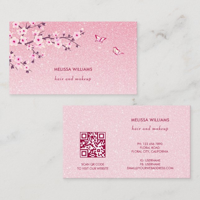 Floral Cherry Blossom Pink Glitter QR Code Business Card (Front/Back)