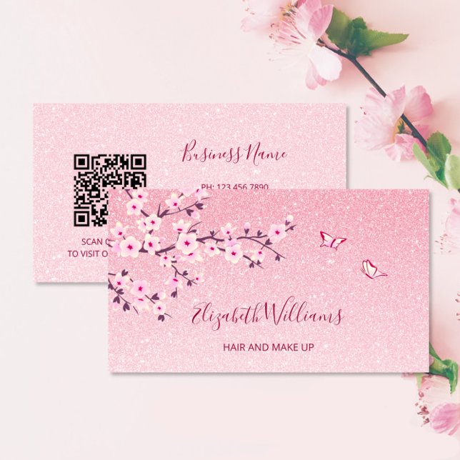 Floral Cherry Blossom Pink Glitter QR Code Business Card (Creator Uploaded)
