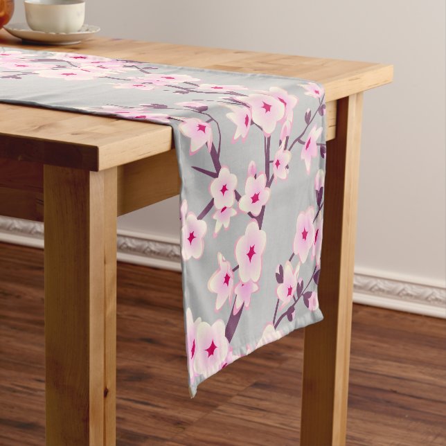 Floral Cherry Blossom Pink Gray Short Table Runner (In Situ)