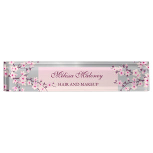 Floral Cherry Blossom Pink Grey Desk Nameplate