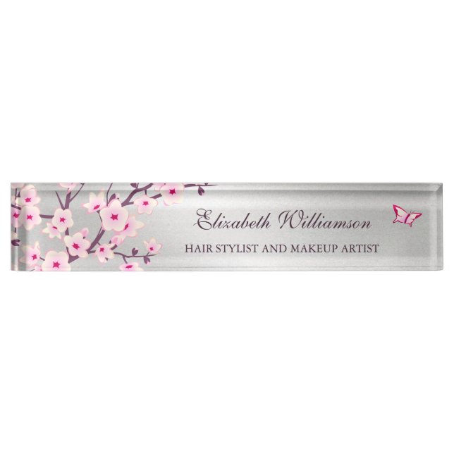 Floral Cherry Blossom Pink Grey Hair And Makeup Nameplate (Front)