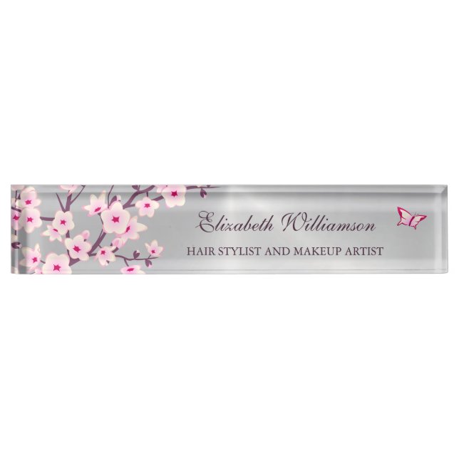 Floral Cherry Blossom Pink Grey Hair And Makeup Nameplate (Front)