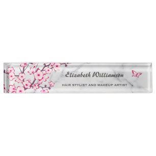 Floral Cherry Blossom Pink Grey Marble Nameplate
