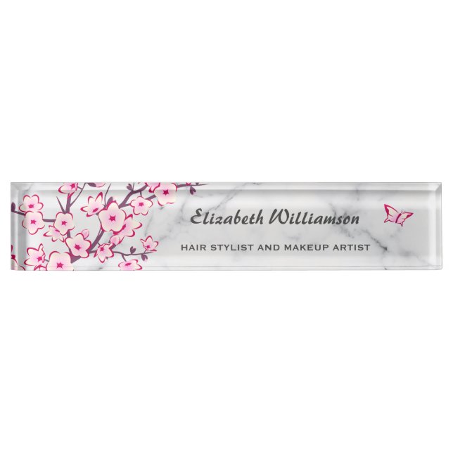 Floral Cherry Blossom Pink Grey Marble Nameplate (Front)